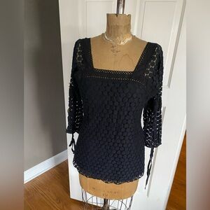 Black Lace Boho Blouse Square Neck Bell Sleeve Romantic Cottagecore Top Size L